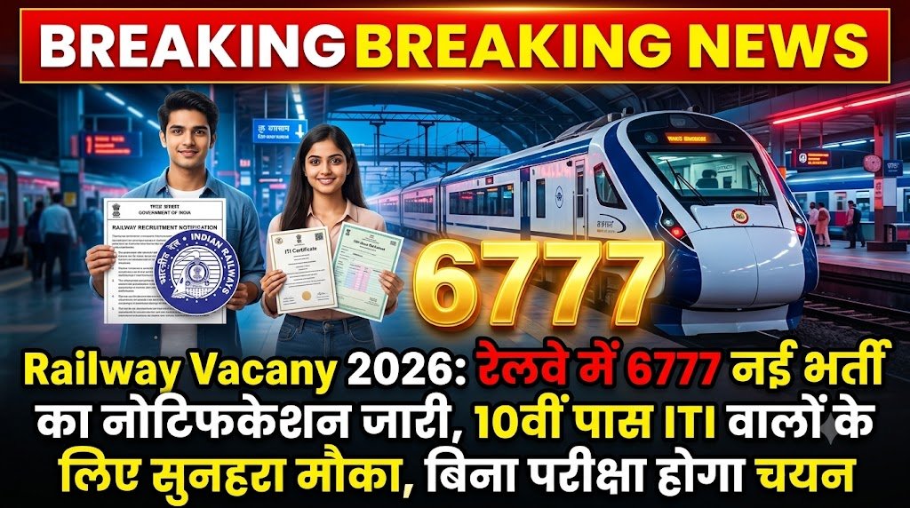 Railway Vacancy 2026: रेलवे में 6777 नई भर्ती का नोटिफकेशन जारी, 10वीं पास ITI वालों के लिए सुनहरा मौका, बिना परीक्षा होगा चयन 10 Railway Vacancy 2026 thumbnail showing Indian Railway 6777 recruitment notification, 10th pass ITI candidates, no exam selection, government job update in Hindi.