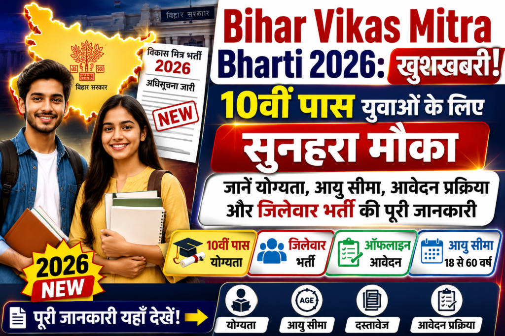 Bihar Vikas Mitra Bharti 2026: खूशखबरी 10वीं पास युवाओं के लिए सुनहरा मौका, जानें योग्यता, आयु सीमा, आवेदन प्रक्रिया और जिलेवार भर्ती की पूरी जानकारी 8 Bihar Vikas Mitra Bharti 2026 Thumbnail – 10वीं पास युवाओं के लिए जिलेवार भर्ती, योग्यता, आयु सीमा और आवेदन प्रक्रिया