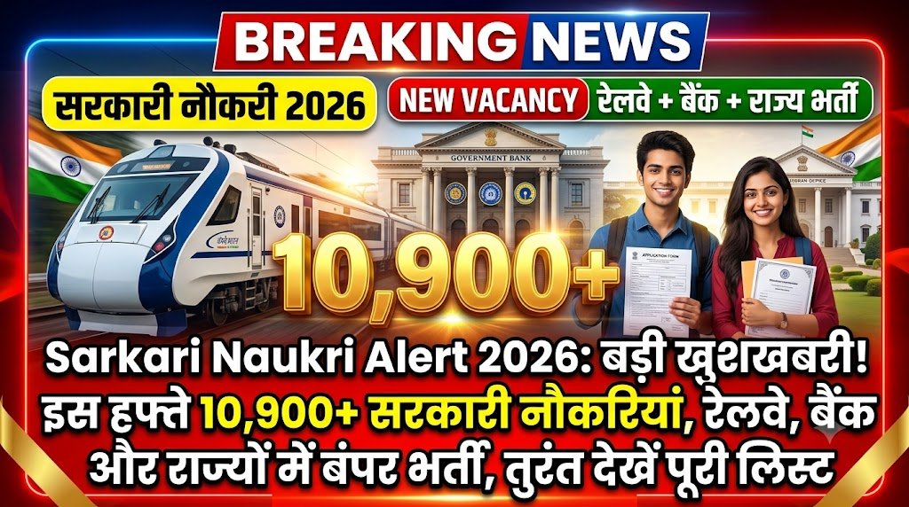 Sarkari Naukri Alert 2026: बड़ी खुशखबरी! इस हफ्ते 10,900+ सरकारी नौकरियां, रेलवे, बैंक और राज्यों में बंपर भर्ती, तुरंत देखें पूरी लिस्ट 10 Sarkari Naukri Alert 2026 thumbnail showing 10,900+ government job vacancies in Railway, Bank and state departments with latest recruitment update in Hindi.