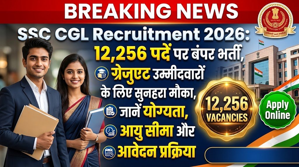 SSC CGL Recruitment 2026: 12,256 पदों पर बंपर भर्ती, ग्रेजुएट उम्मीदवारों के लिए सुनहरा मौका, जानें योग्यता, आयु सीमा और आवेदन प्रक्रिया 9 SSC CGL Recruitment 2026 thumbnail showing 12,256 vacancies, graduate candidates, SSC logo, apply online banner, salary details, eligibility, age limit and application process for Central Government jobs.