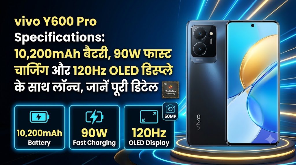 vivo Y600 Pro Specifications :vivo Y600 Pro Specifications : 10,200mAh बैटरी, 90W फास्ट चार्जिंग और 120Hz OLED डिस्प्ले के साथ लॉन्च, जानें पूरी डिटेल 2 vivo Y600 Pro Specifications के साथ 10,200mAh बैटरी, 90W फास्ट चार्जिंग, 120Hz OLED डिस्प्ले और 50MP कैमरा फीचर दिखाता हुआ प्रीमियम 5G स्मार्टफोन