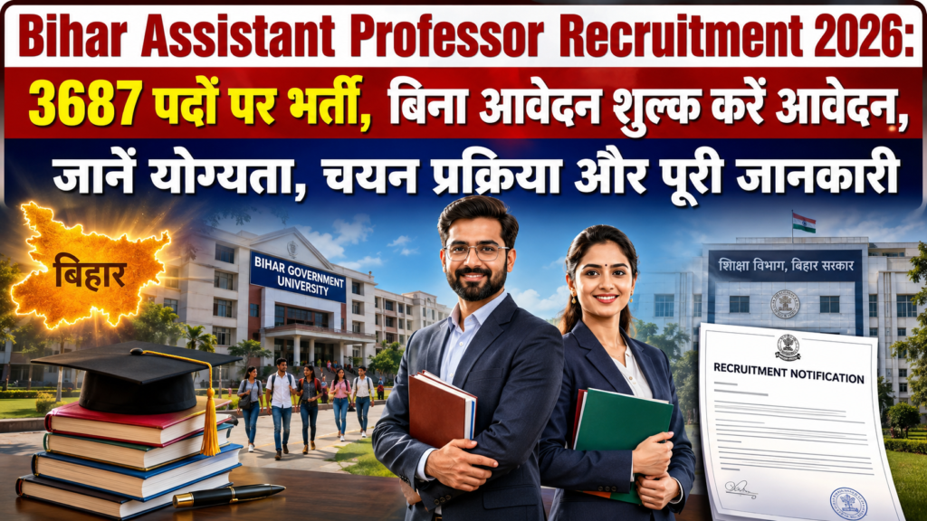 Bihar Assistant Professor Recruitment 2026 thumbnail showing 3687 Assistant Professor vacancies in Bihar with no application fee, university campus and official recruitment notification.