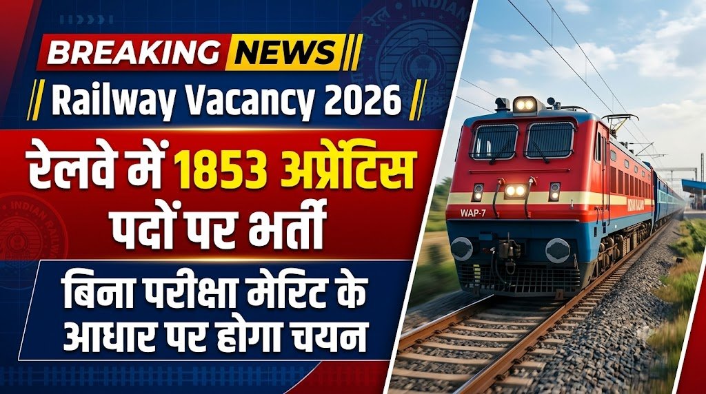 Railway Vacancy 2026 रेलवे में 1853 अप्रेंटिस पदों पर भर्ती बिना परीक्षा मेरिट के आधार पर चयन यह Alt Text:
