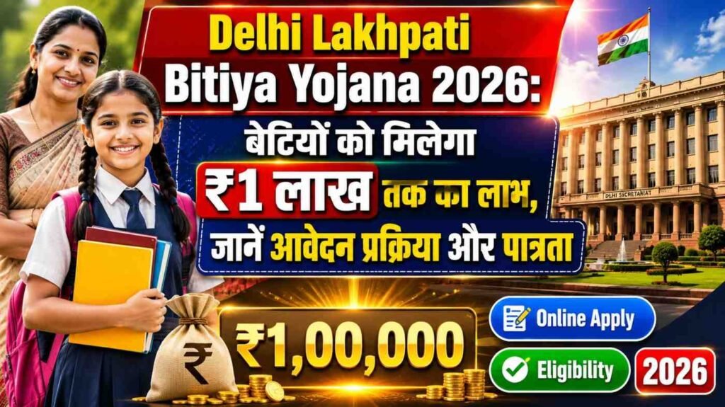 Delhi Lakhpati Bitiya Yojana 2026 के तहत बेटियों को ₹1 लाख तक का लाभ, ऑनलाइन आवेदन प्रक्रिया, पात्रता और दिल्ली सरकार की योजना को दर्शाता हुआ चित्र।