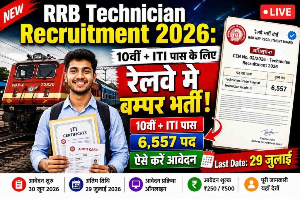 RRB Technician Recruitment 2026 के तहत 10वीं + ITI पास उम्मीदवारों के लिए भारतीय रेलवे में 6,557 टेक्नीशियन पदों पर भर्ती का आधिकारिक नोटिफिकेशन और ऑनलाइन आवेदन की जानकारी।