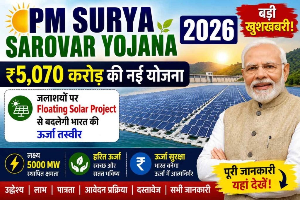 PM Surya Sarovar Yojana 2026: बड़ी खुशखबरी! ₹5,070 करोड़ की नई योजना, Floating Solar Project से बदलेगी भारत की ऊर्जा तस्वीर 4 PM Surya Sarovar Yojana 2026 Floating Solar Project thumbnail showing ₹5,070 करोड़ योजना, जलाशय पर सोलर पैनल, 5000 MW लक्ष्य और प्रधानमंत्री नरेंद्र मोदी