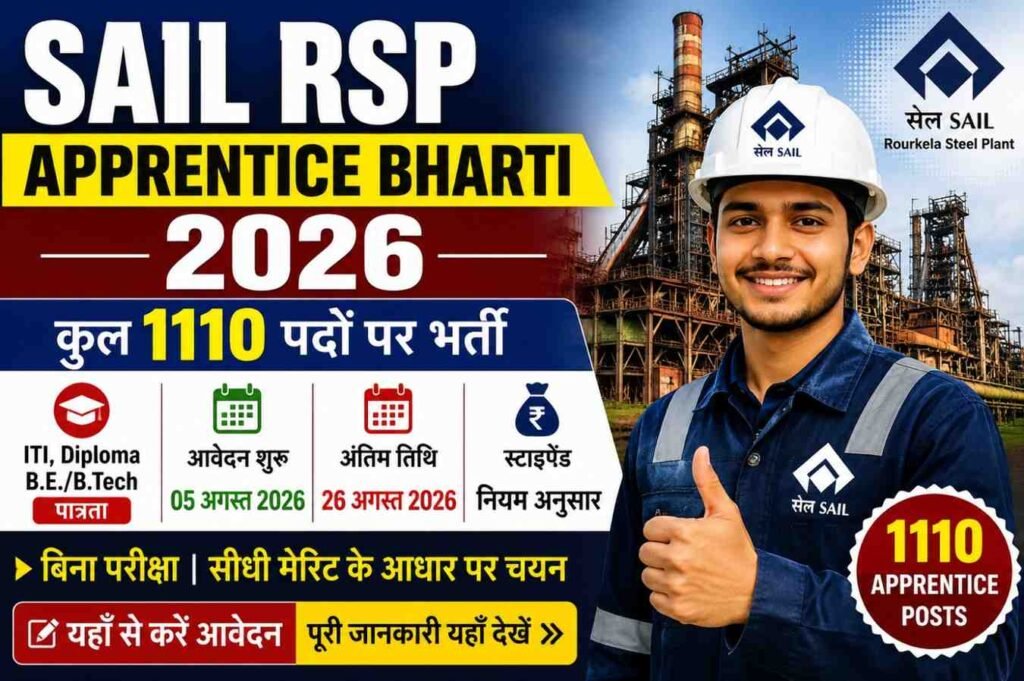 SAIL RSP Apprentice Bharti 2026: बड़ी खुशखबरी! 1110 अप्रेंटिस पदों पर भर्ती, बिना लिखित परीक्षा आवेदन शुरू, जानें पूरी प्रक्रिया 5 SAIL RSP Apprentice Bharti 2026 1110 Apprentice Recruitment Apply Online